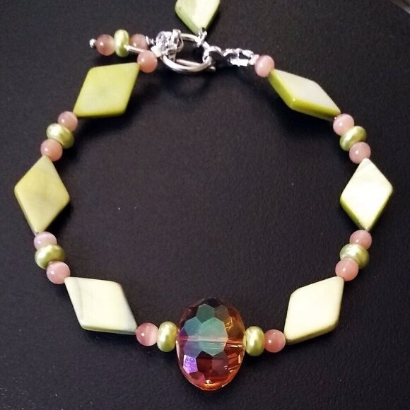 Charteuse & Tangerine! Beaded Bracelet: Shell Crystal CatsEye Faux Pearls 6.5-7" - Picture 7 of 10